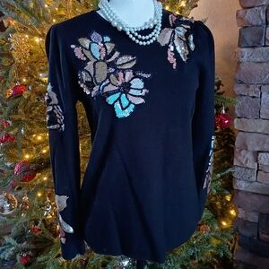 Chico's Black Sequin Beaded Floral Sweater